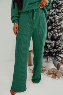 Clearance Dear-Lover JOLLY Corded Long Sleeve Top and Pockets Pants Set Evergreen