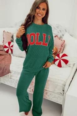 Clearance Dear-Lover JOLLY Corded Long Sleeve Top and Pockets Pants Set Evergreen