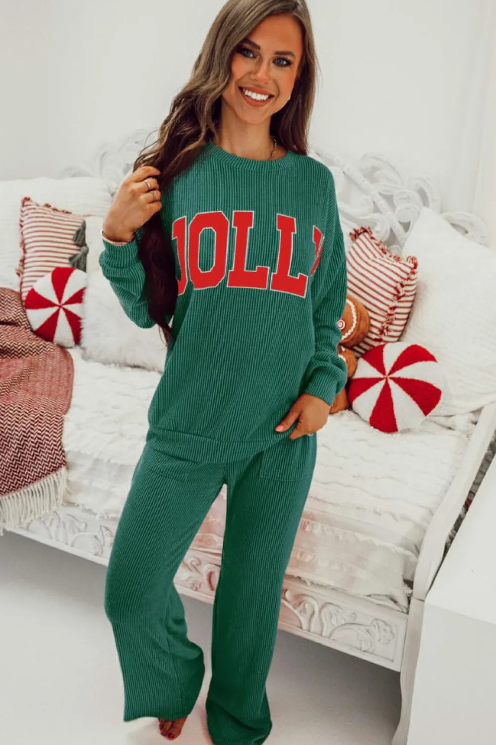 Clearance Dear-Lover JOLLY Corded Long Sleeve Top and Pockets Pants Set Evergreen