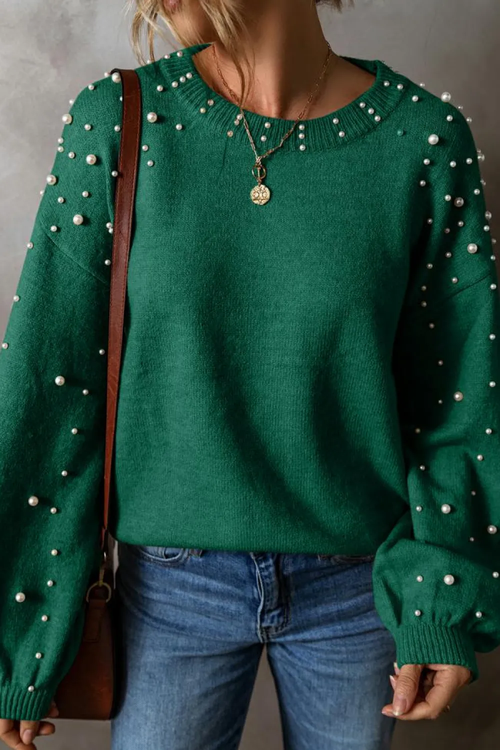 Hot Dear-Lover Pearled Drop Shoulder Round Neck Sweater Evergreen