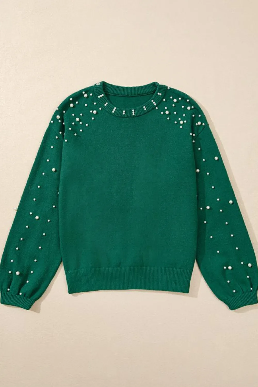 Hot Dear-Lover Pearled Drop Shoulder Round Neck Sweater Evergreen