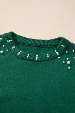 Hot Dear-Lover Pearled Drop Shoulder Round Neck Sweater Evergreen