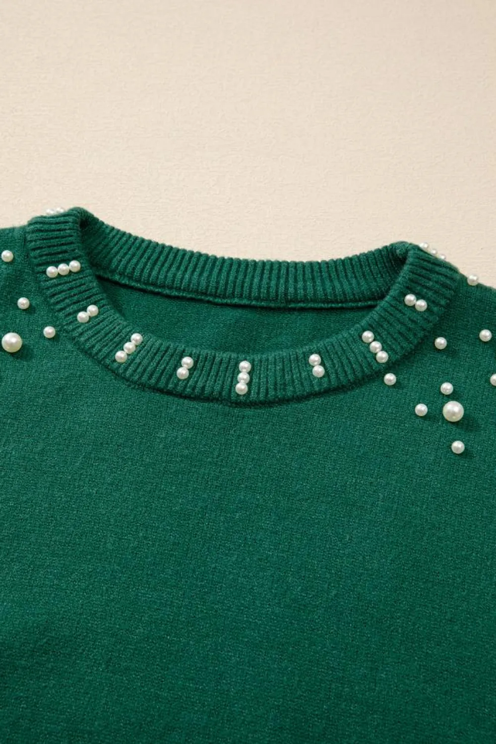 Hot Dear-Lover Pearled Drop Shoulder Round Neck Sweater Evergreen
