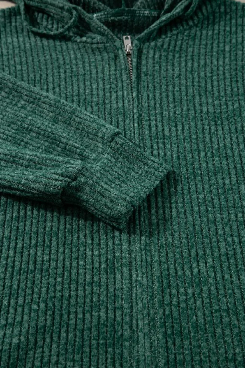 Outlet Dear-Lover Ribbed Zip Up Front Drawstring Hoodie Evergreen