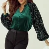 Hot Dear-Lover Sequin Patchwork Sleeve Button Up Velvet Top Evergreen
