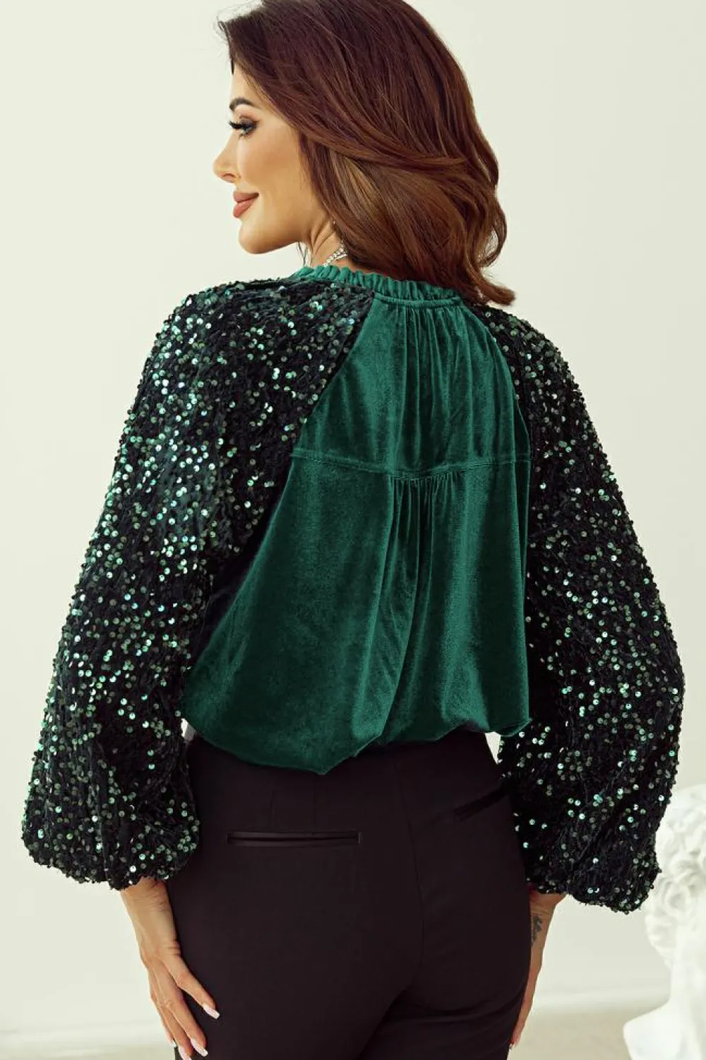 Hot Dear-Lover Sequin Patchwork Sleeve Button Up Velvet Top Evergreen