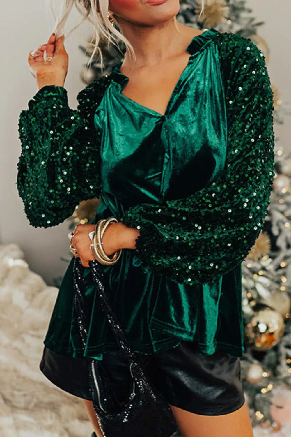 Hot Dear-Lover Sequin Patchwork Sleeve Button Up Velvet Top Evergreen