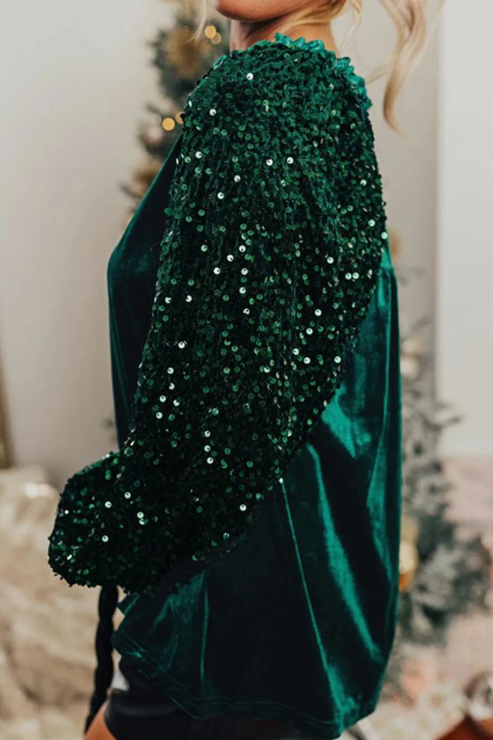 Hot Dear-Lover Sequin Patchwork Sleeve Button Up Velvet Top Evergreen