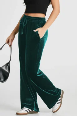 Clearance Dear-Lover Solid Drawstring Waist Wide Leg Pants Evergreen