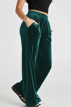 Clearance Dear-Lover Solid Drawstring Waist Wide Leg Pants Evergreen