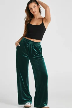 Clearance Dear-Lover Solid Drawstring Waist Wide Leg Pants Evergreen