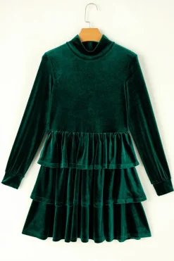 Hot Dear-Lover Velvet High Neck Tiered Ruffle Mini Dress Evergreen