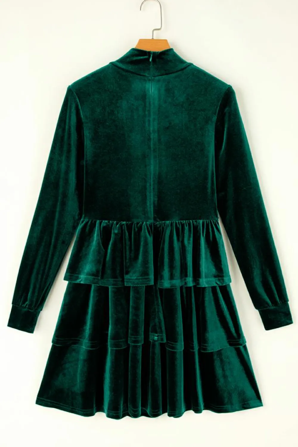 Hot Dear-Lover Velvet High Neck Tiered Ruffle Mini Dress Evergreen