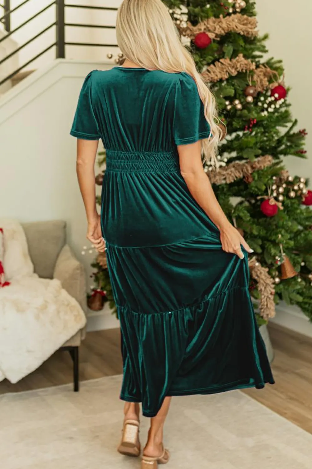 Online Dear-Lover Velvet Short Sleeve Shirred Waist Tiered Maxi Dress Evergreen
