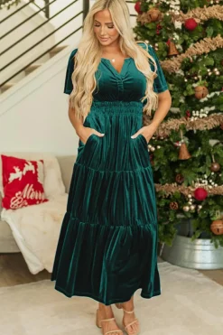 Online Dear-Lover Velvet Short Sleeve Shirred Waist Tiered Maxi Dress Evergreen