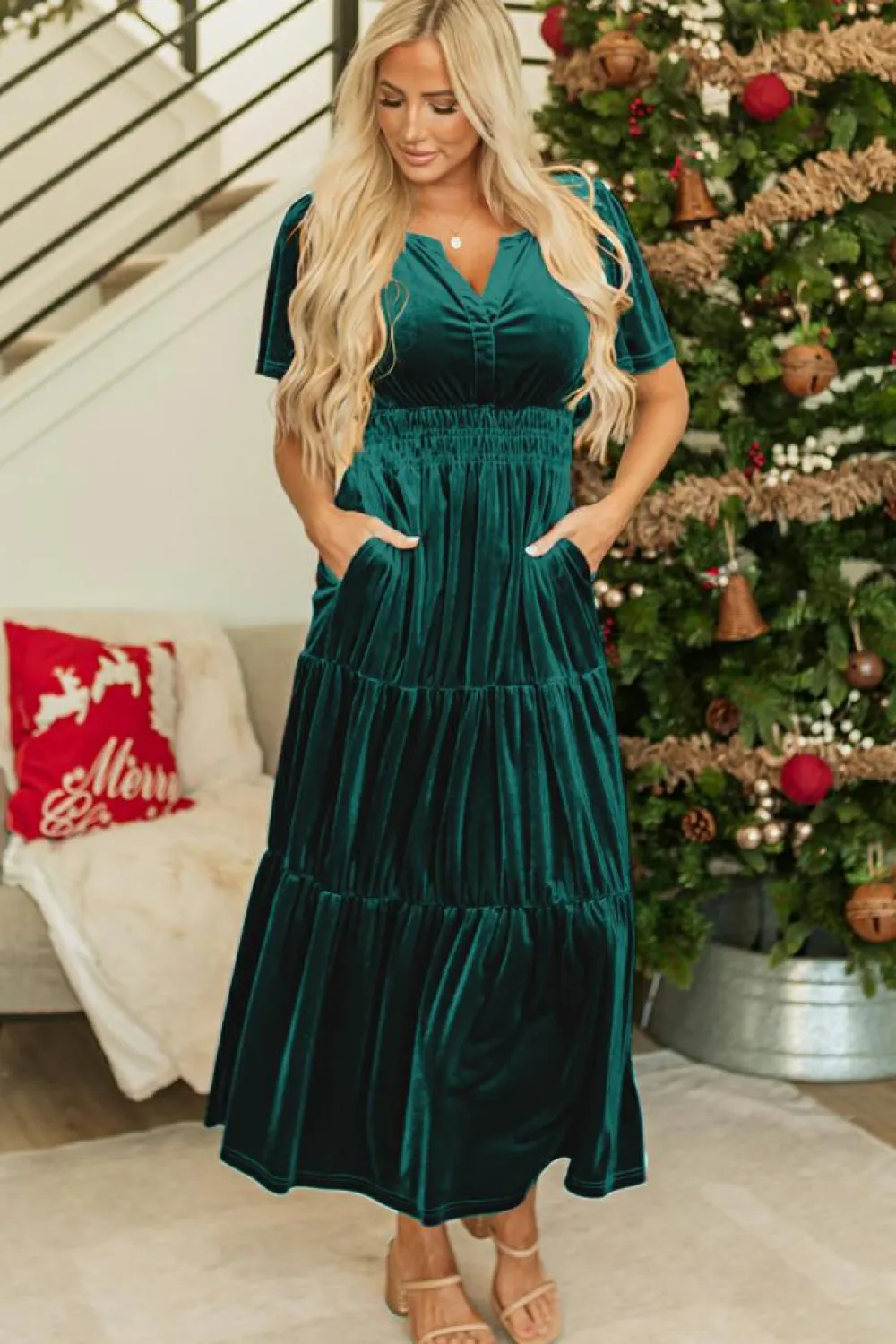 Online Dear-Lover Velvet Short Sleeve Shirred Waist Tiered Maxi Dress Evergreen
