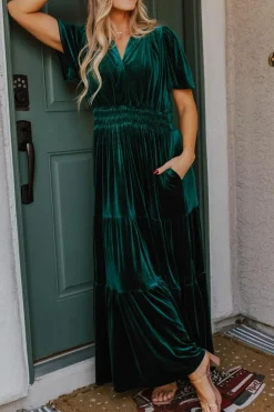 Online Dear-Lover Velvet Short Sleeve Shirred Waist Tiered Maxi Dress Evergreen