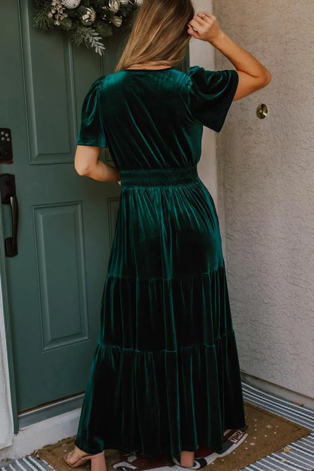 Online Dear-Lover Velvet Short Sleeve Shirred Waist Tiered Maxi Dress Evergreen