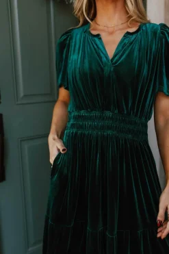 Online Dear-Lover Velvet Short Sleeve Shirred Waist Tiered Maxi Dress Evergreen