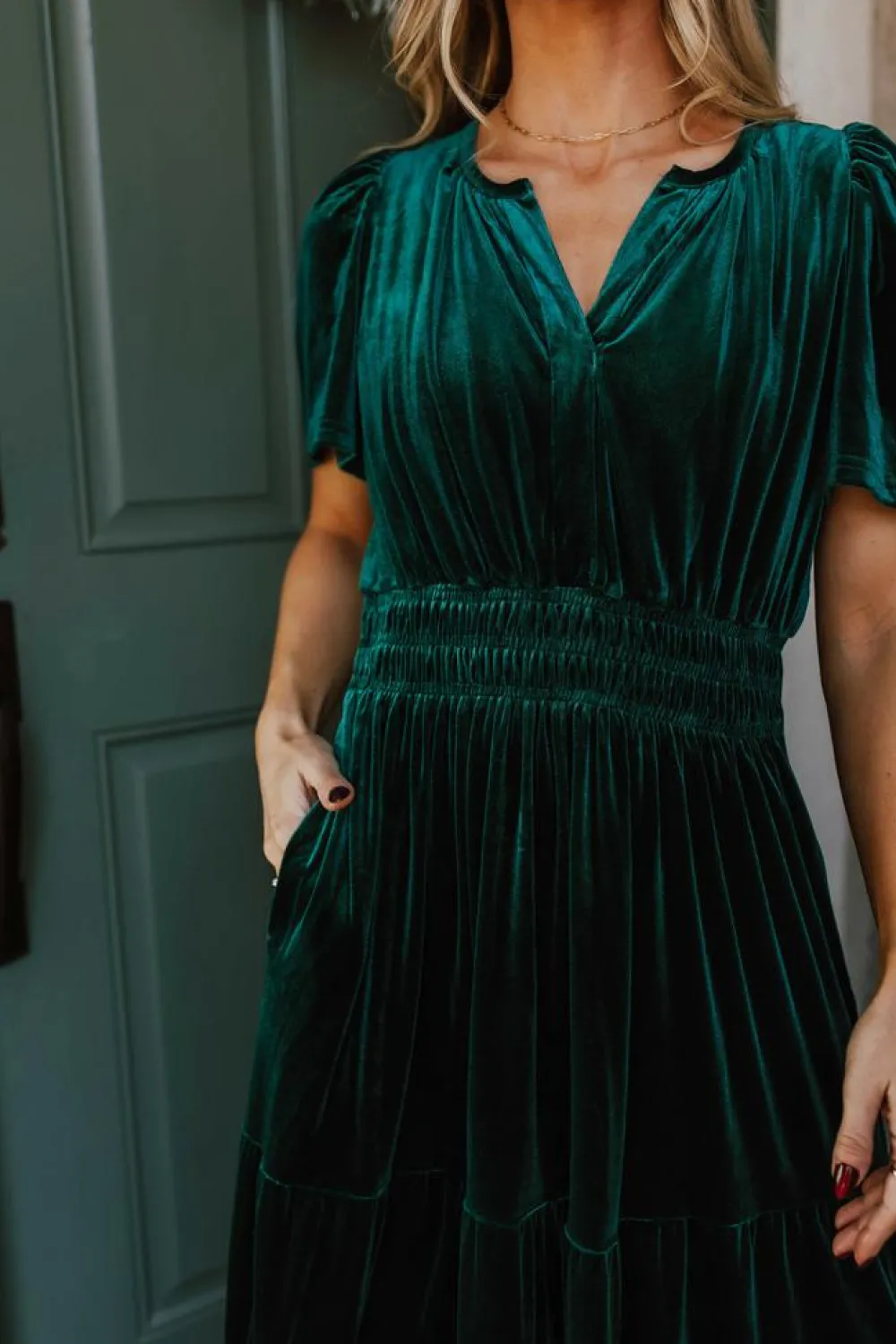 Online Dear-Lover Velvet Short Sleeve Shirred Waist Tiered Maxi Dress Evergreen
