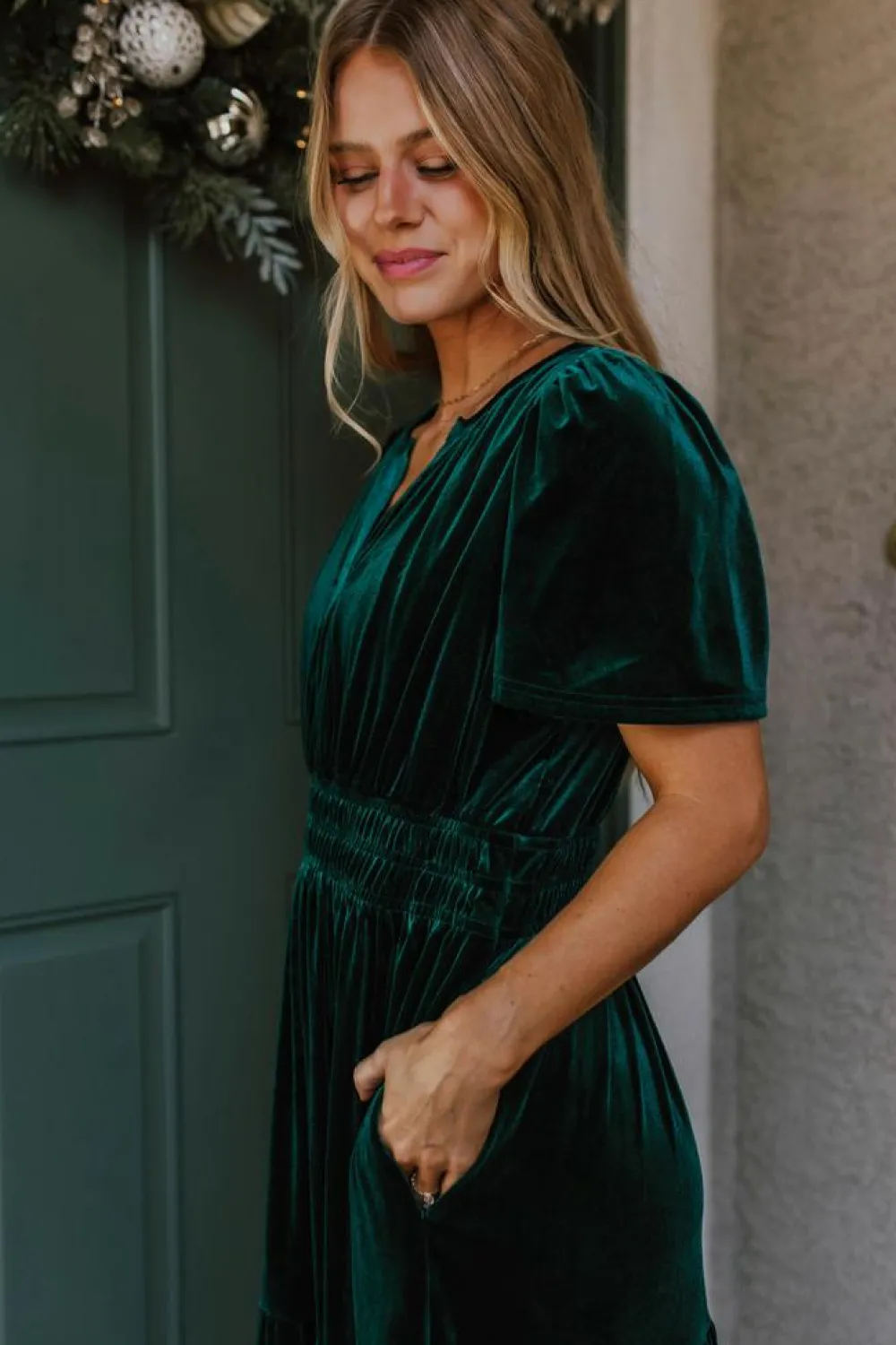 Online Dear-Lover Velvet Short Sleeve Shirred Waist Tiered Maxi Dress Evergreen