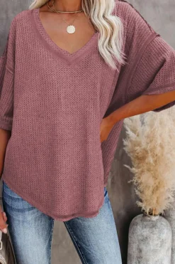 Fashion Dear-Lover Exposed Seam Half Sleeve Knitted V Neck Textured Top Rose