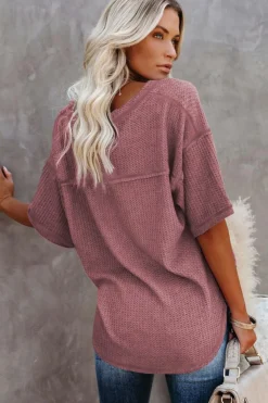 Fashion Dear-Lover Exposed Seam Half Sleeve Knitted V Neck Textured Top Rose