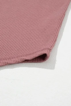Fashion Dear-Lover Exposed Seam Half Sleeve Knitted V Neck Textured Top Rose