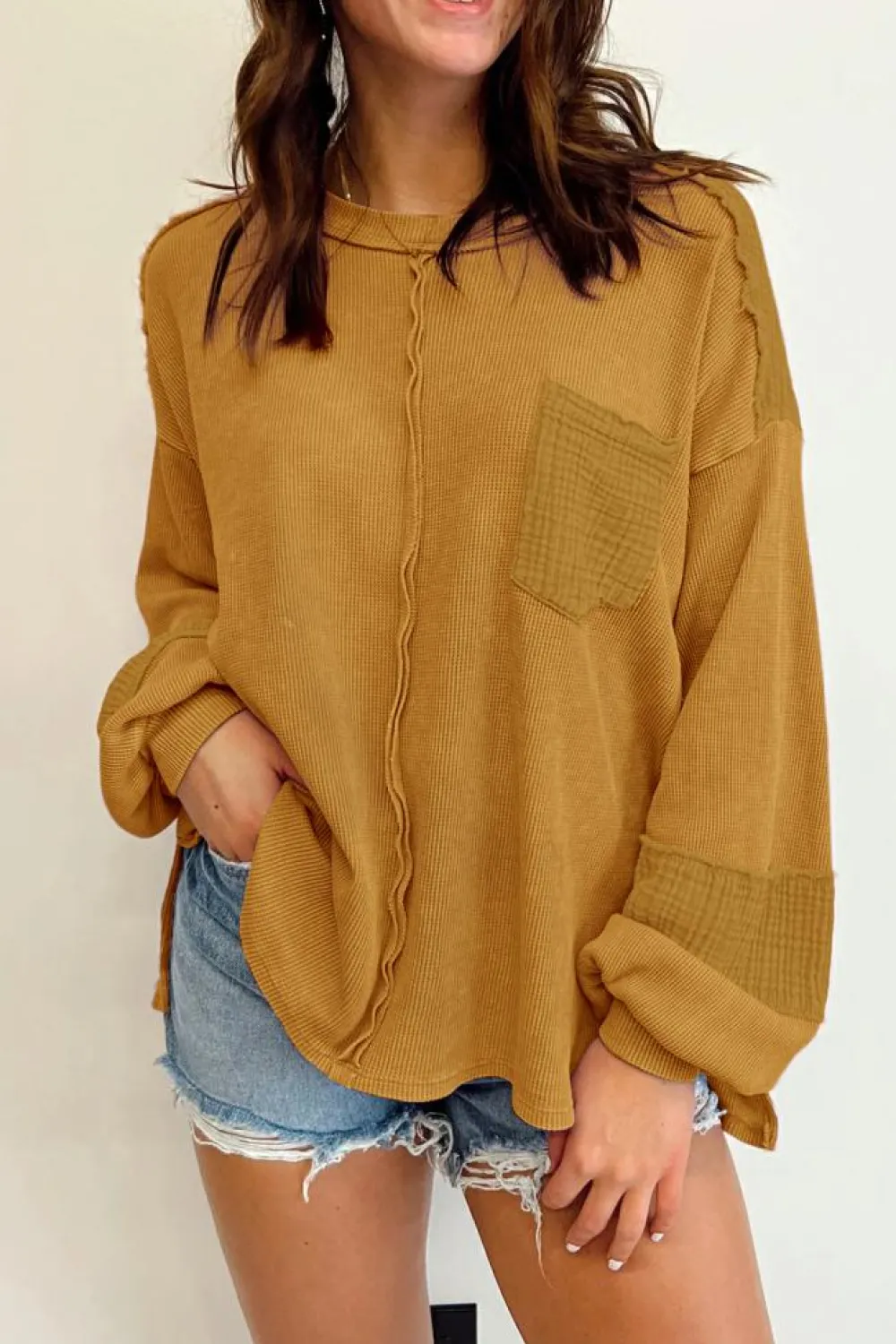 Fashion Dear-Lover Exposed Seam Patchwork Bubble Sleeve Waffle Knit Top Brown