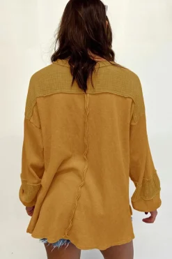 Fashion Dear-Lover Exposed Seam Patchwork Bubble Sleeve Waffle Knit Top Brown