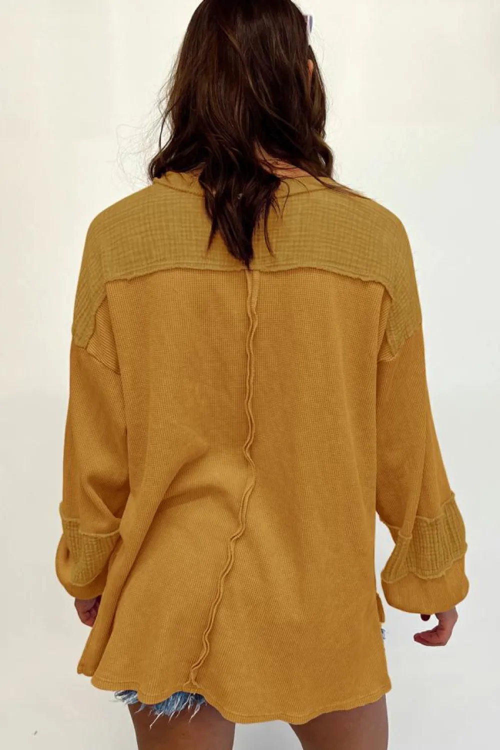 Fashion Dear-Lover Exposed Seam Patchwork Bubble Sleeve Waffle Knit Top Brown