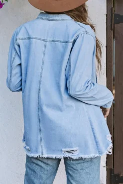Sale Dear-Lover Fade Blue Ripped Denim Jacket Sky Blue