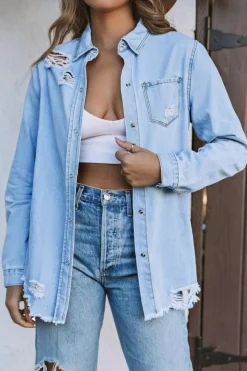 Sale Dear-Lover Fade Blue Ripped Denim Jacket Sky Blue