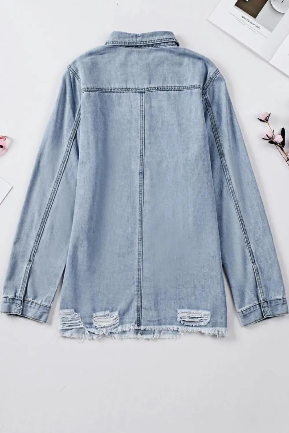 Sale Dear-Lover Fade Blue Ripped Denim Jacket Sky Blue