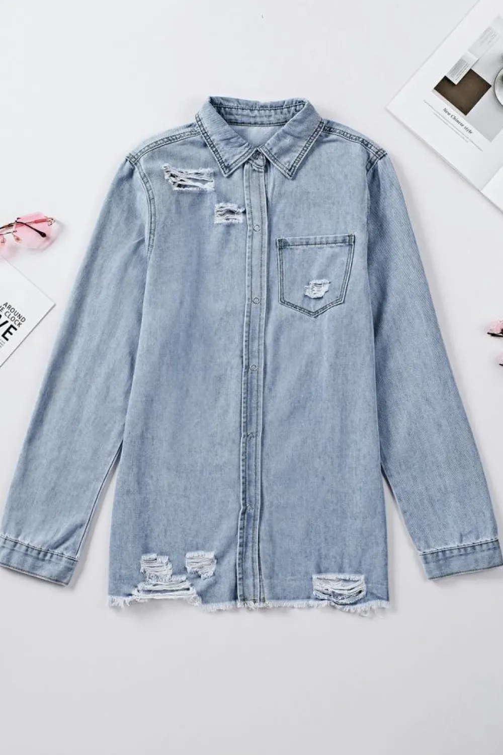 Sale Dear-Lover Fade Blue Ripped Denim Jacket Sky Blue