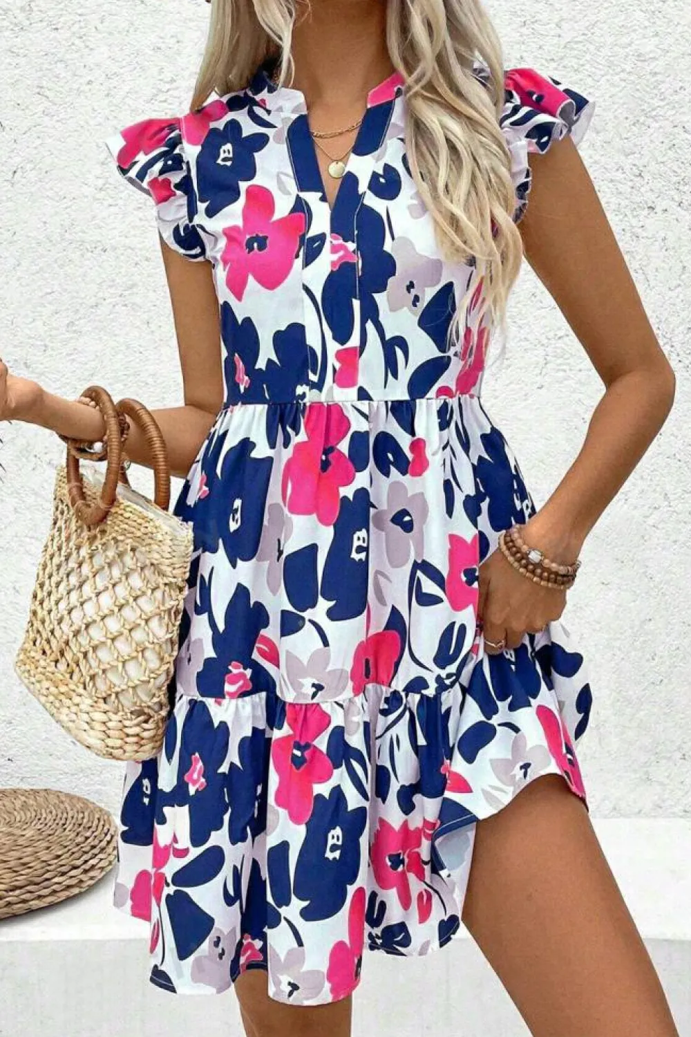 Best Dear-Lover Fashion Floral Print Notched Neck Flutter Sleeve Mini Dress Rose