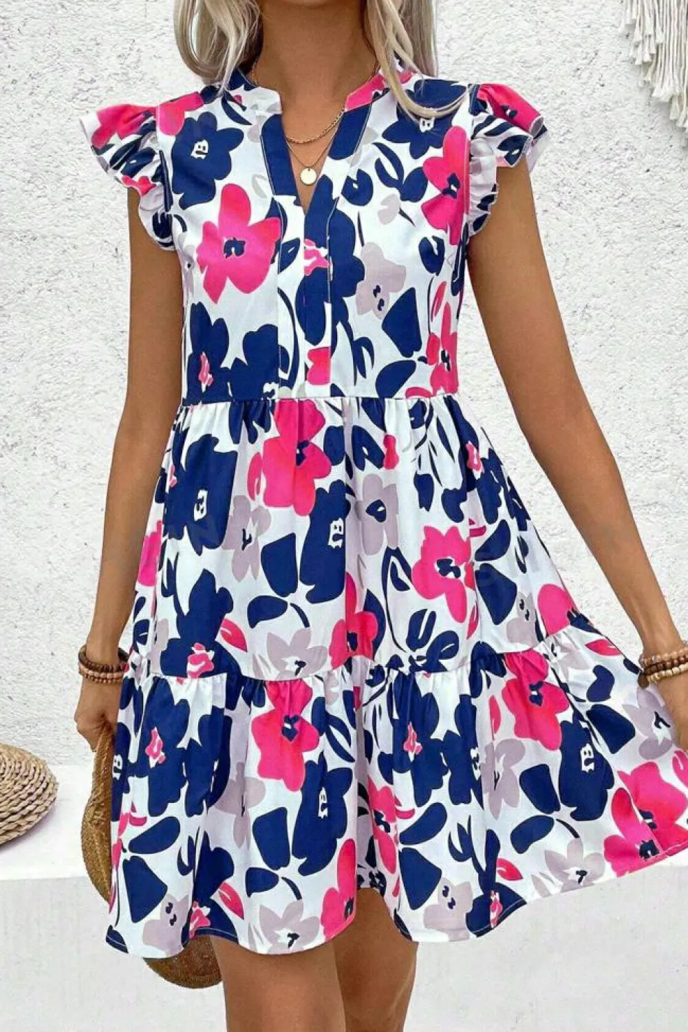 Best Dear-Lover Fashion Floral Print Notched Neck Flutter Sleeve Mini Dress Rose