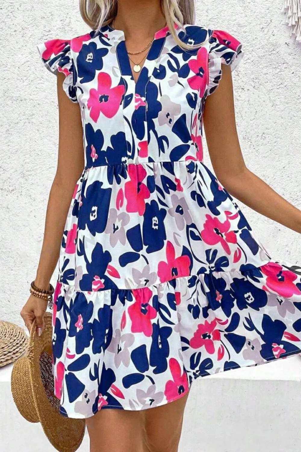 Best Dear-Lover Fashion Floral Print Notched Neck Flutter Sleeve Mini Dress Rose