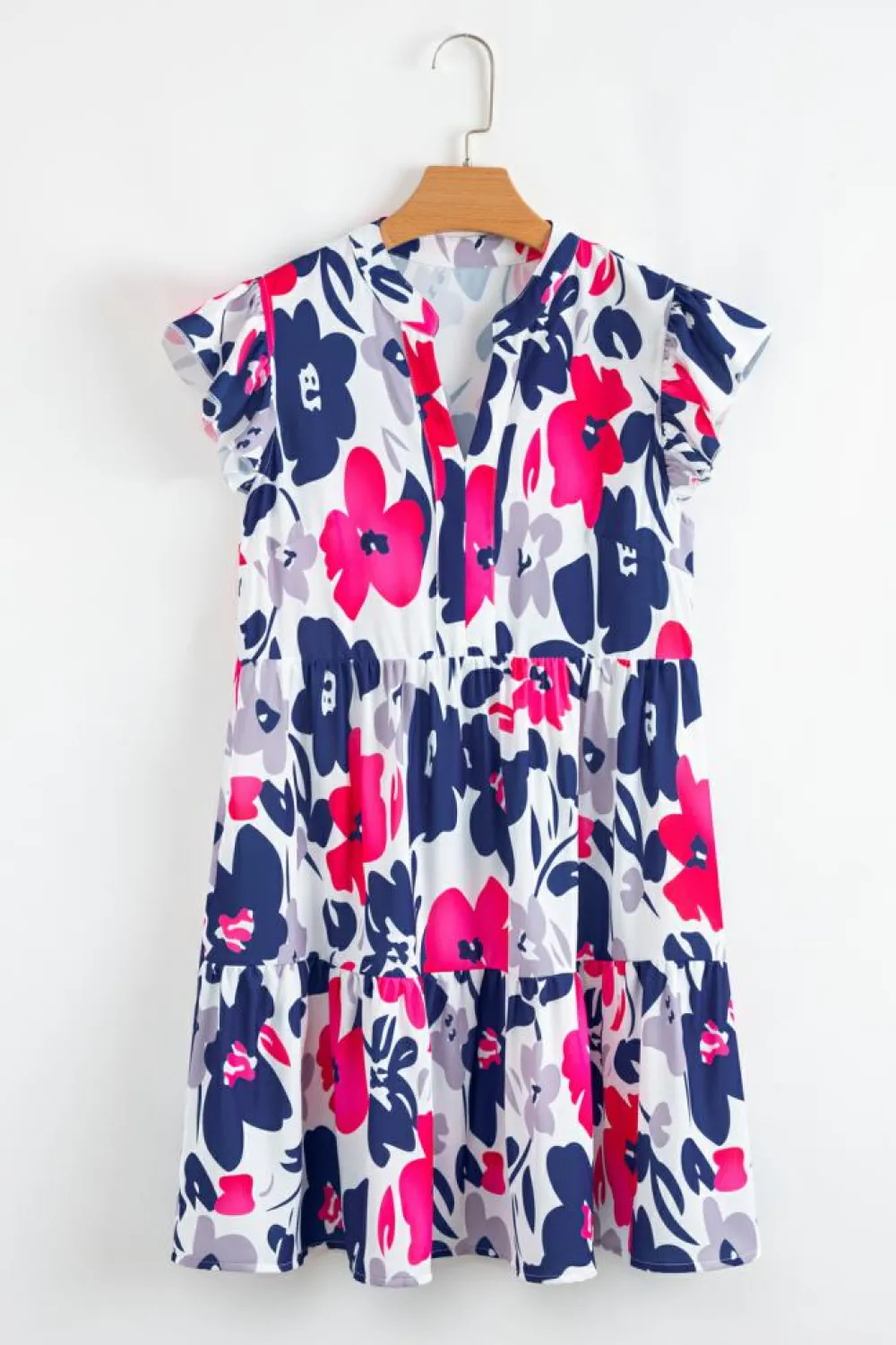 Best Dear-Lover Fashion Floral Print Notched Neck Flutter Sleeve Mini Dress Rose