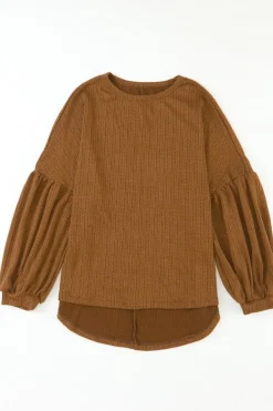 Online Dear-Lover Faux Knit Jacquard Puffy Long Sleeve Top Orange