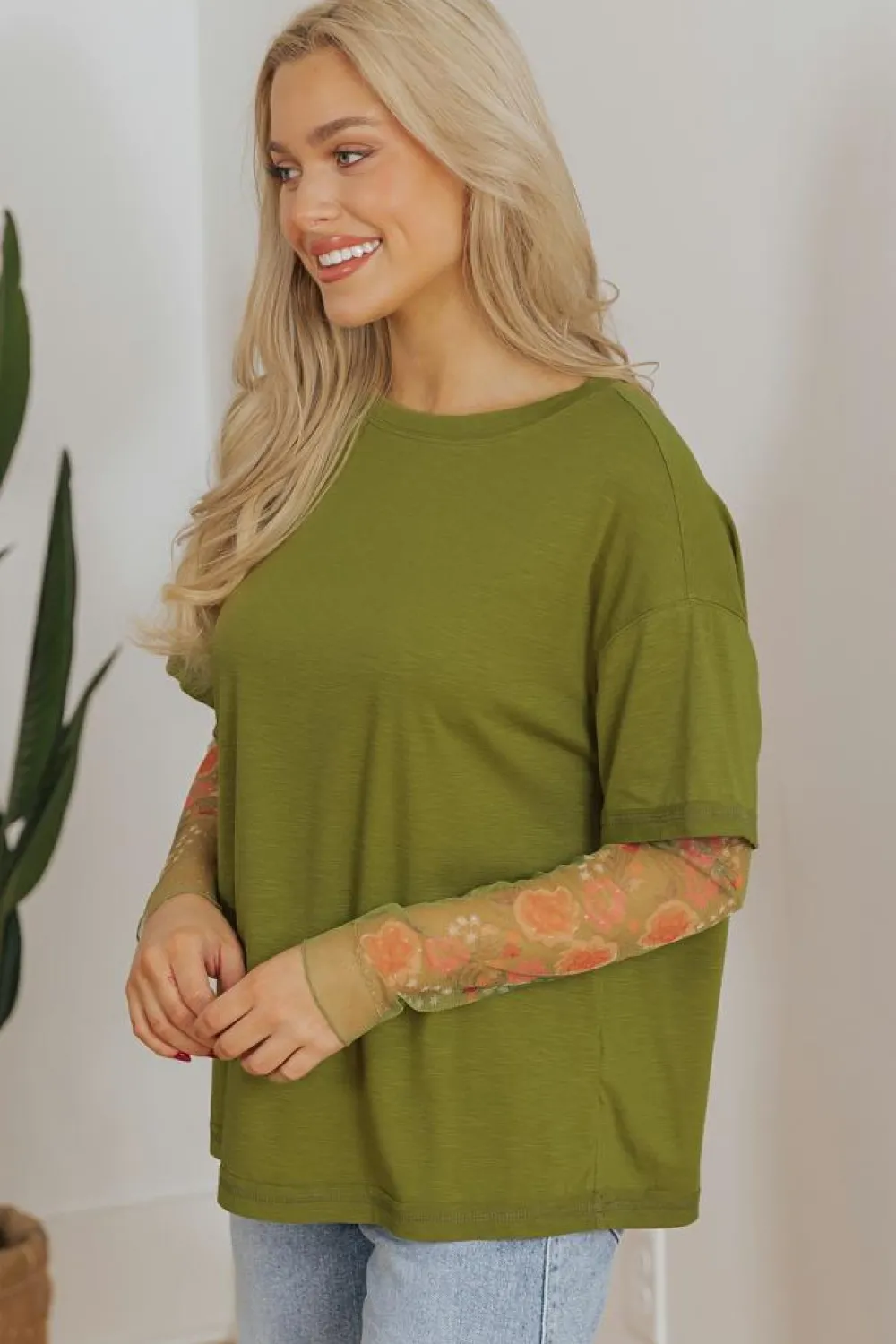 Outlet Dear-Lover Faux Two Piece Floral Long Sleeve Patchwork Tee Fern Green