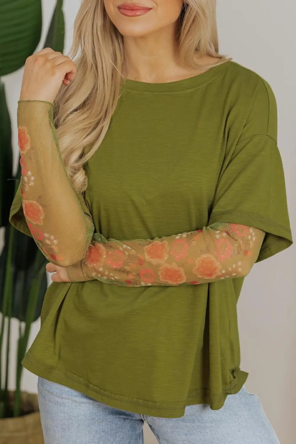 Outlet Dear-Lover Faux Two Piece Floral Long Sleeve Patchwork Tee Fern Green