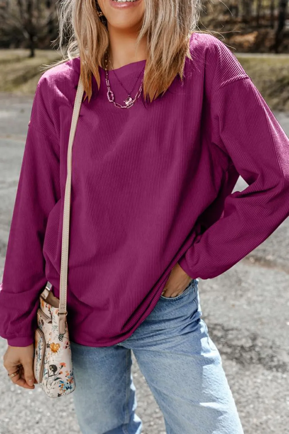 Hot Dear-Lover Ribbed Corduroy Oversized Sweatshirt Festival Fuchsia