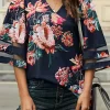 Sale Dear-Lover 3/4 Flared Sleeve Floral Blouse Fiery Red