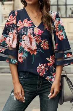 Sale Dear-Lover 3/4 Flared Sleeve Floral Blouse Fiery Red