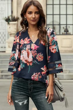 Sale Dear-Lover 3/4 Flared Sleeve Floral Blouse Fiery Red