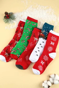 Hot Dear-Lover 5 Pairs/Set Christmas Cartoon Elk Soft Socks Set with Box Fiery Red