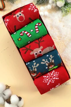 Hot Dear-Lover 5 Pairs/Set Christmas Cartoon Elk Soft Socks Set with Box Fiery Red
