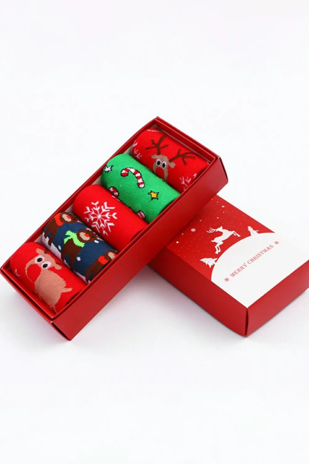 Hot Dear-Lover 5 Pairs/Set Christmas Cartoon Elk Soft Socks Set with Box Fiery Red