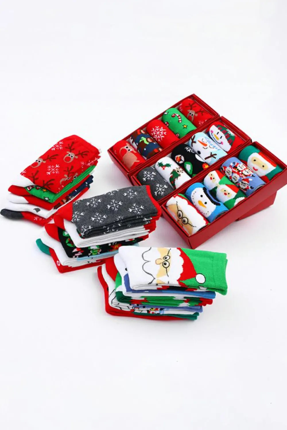 Hot Dear-Lover 5 Pairs/Set Christmas Cartoon Elk Soft Socks Set with Box Fiery Red